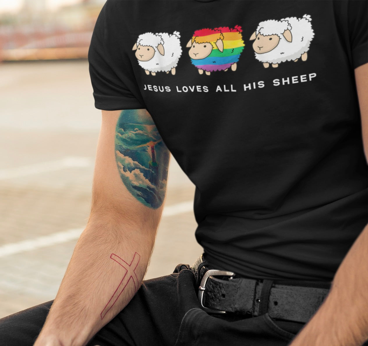 Celebrate love, faith, and pride with our “Jesus Loves All His Sheep” T-Shirt!