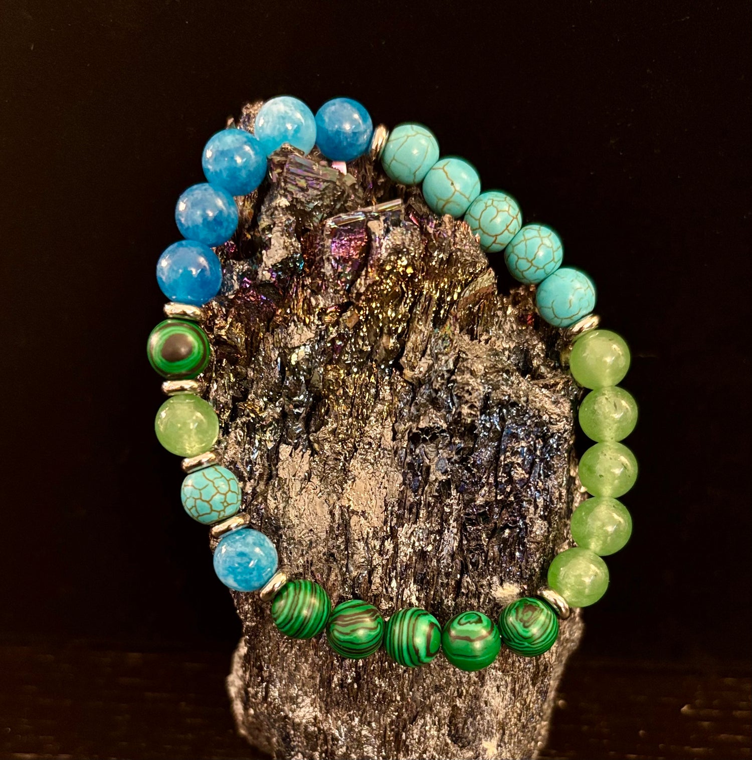 Anxiety Relief Bracelet – Calming Malachite, Green Aventurine, Turquoise, and Aquamarine (For Large Wrists)