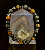 Energy Bracelet – Tiger Eye, Black Onyx & Lava Rock with Black Metal Spacers (Fits Large Wrists)