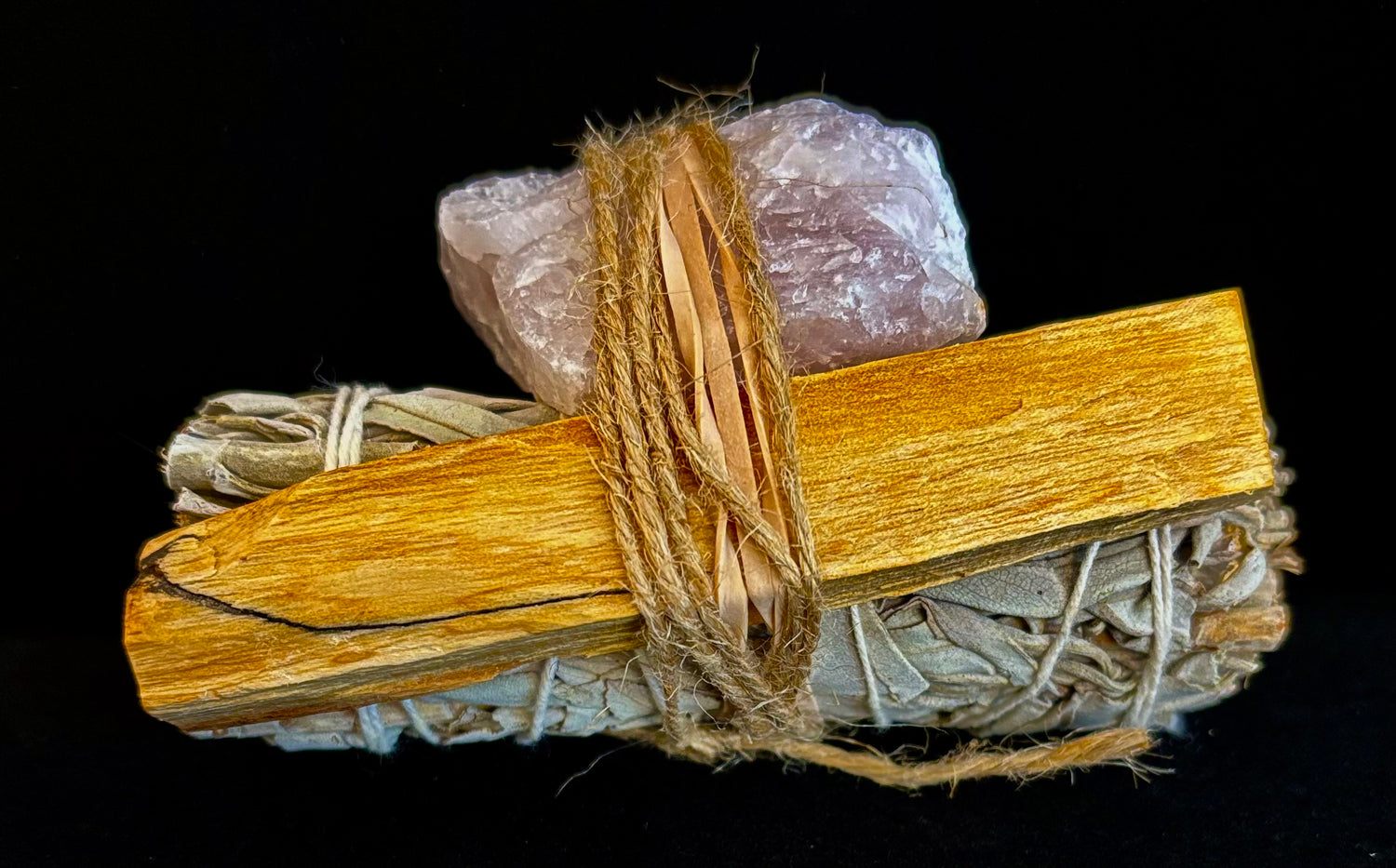 4" Chakra Sage Smudge Stick with Palo Santo & Raw Rose Quartz – Ethically Sourced from Mexico