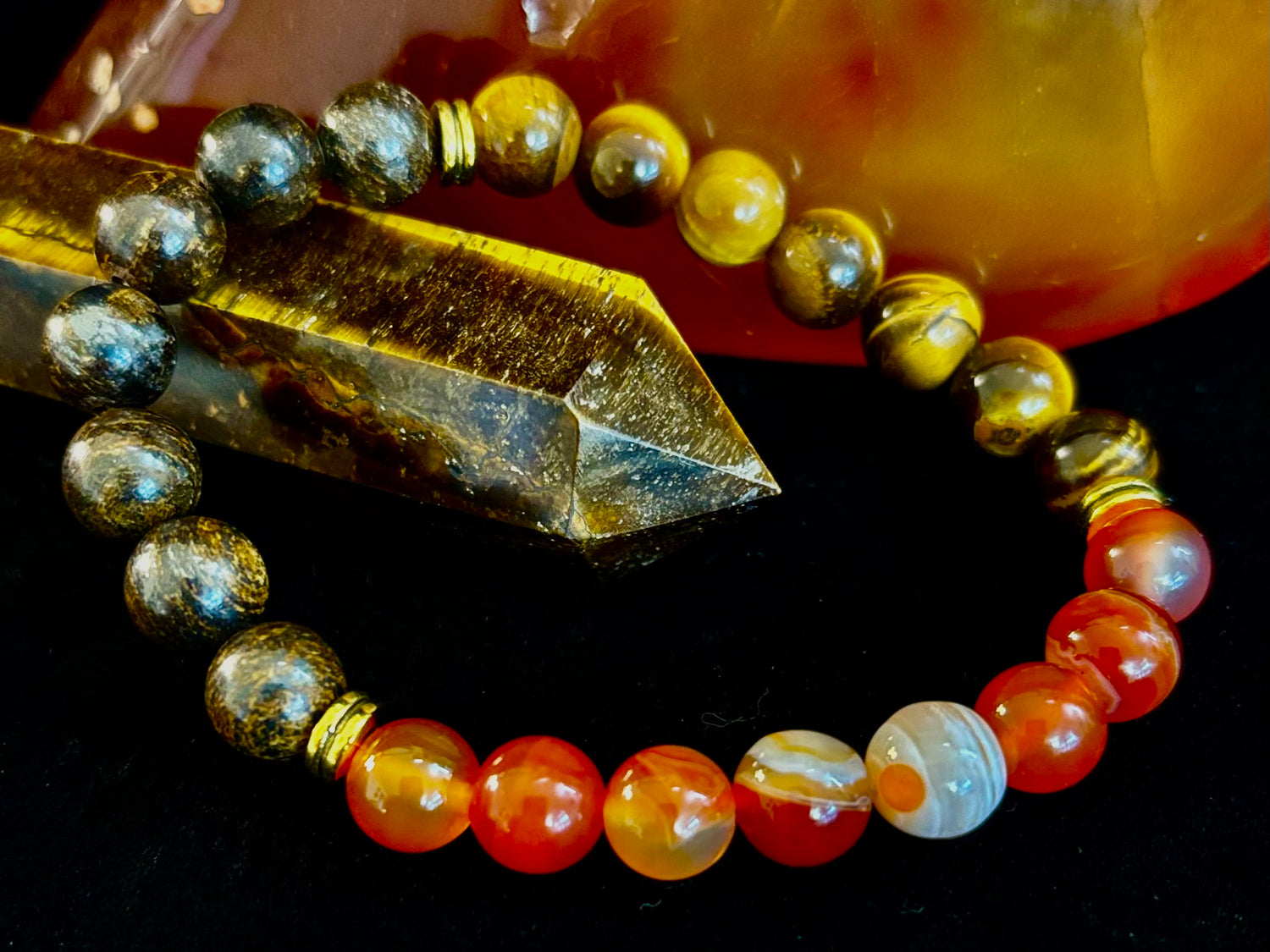 Depression Support Intention Bracelet – Yellow Tiger Eye, Banded Carnelian & Bronzite | 8mm Gemstones