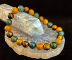 Moss Agate, Yellow Tiger Eye & Wood Jasper Bracelet – 8mm Beads for Large Wrists