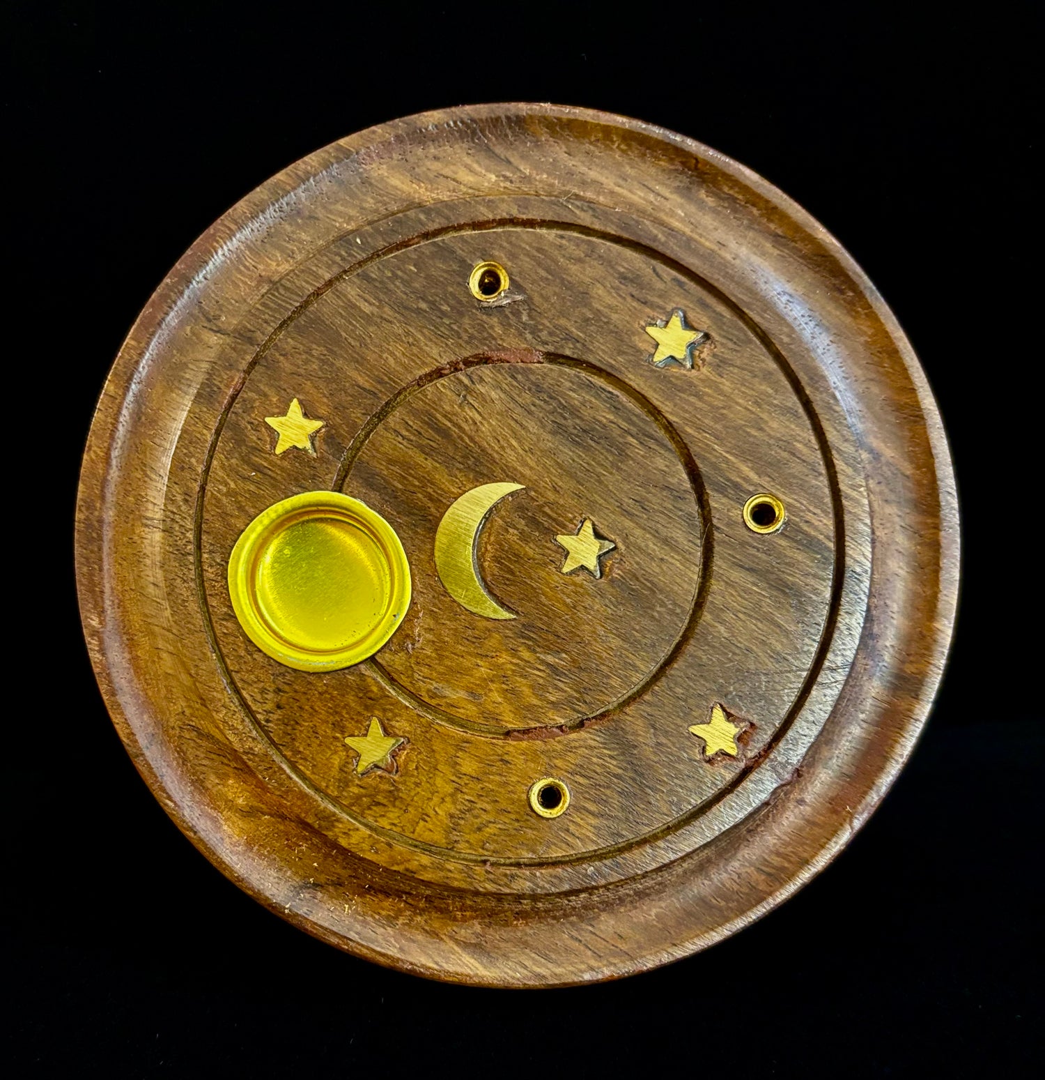 Handcrafted Moon & Stars Incense Burner | Round Wood Cone & Stick Holder from India
