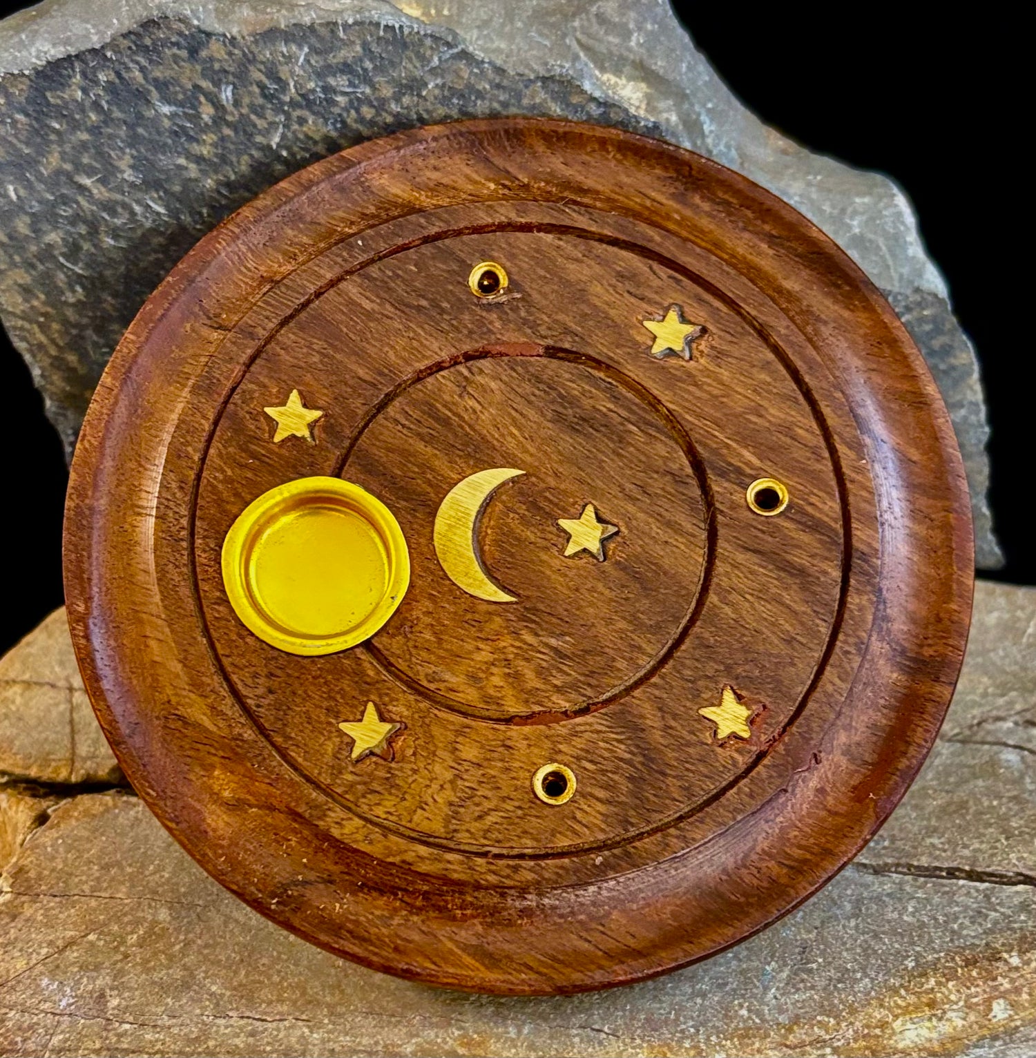 Handcrafted Moon & Stars Incense Burner | Round Wood Cone & Stick Holder from India