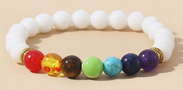 7 Chakra Energy Healing Bracelet – White Beads – Small to Medium Wrists