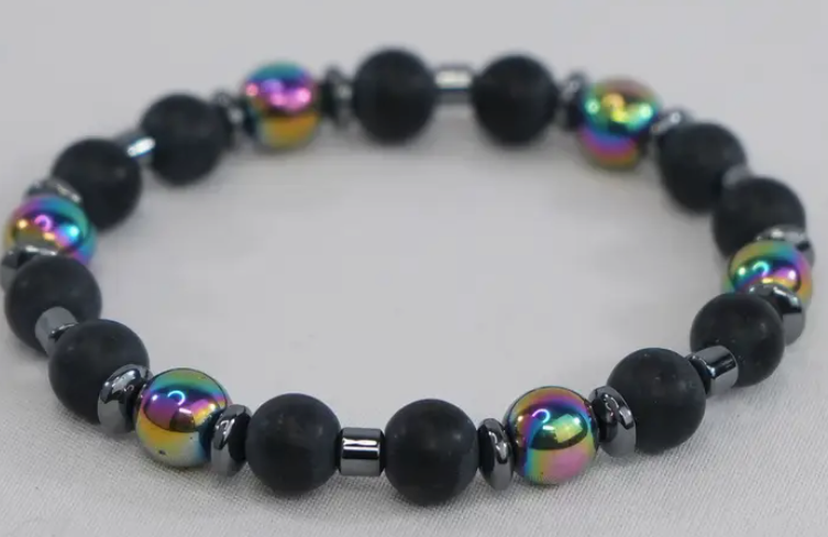 Hematite and Natural Stone Unisex Stretch Bracelet – Medium Fit, Sleek Fusion Style