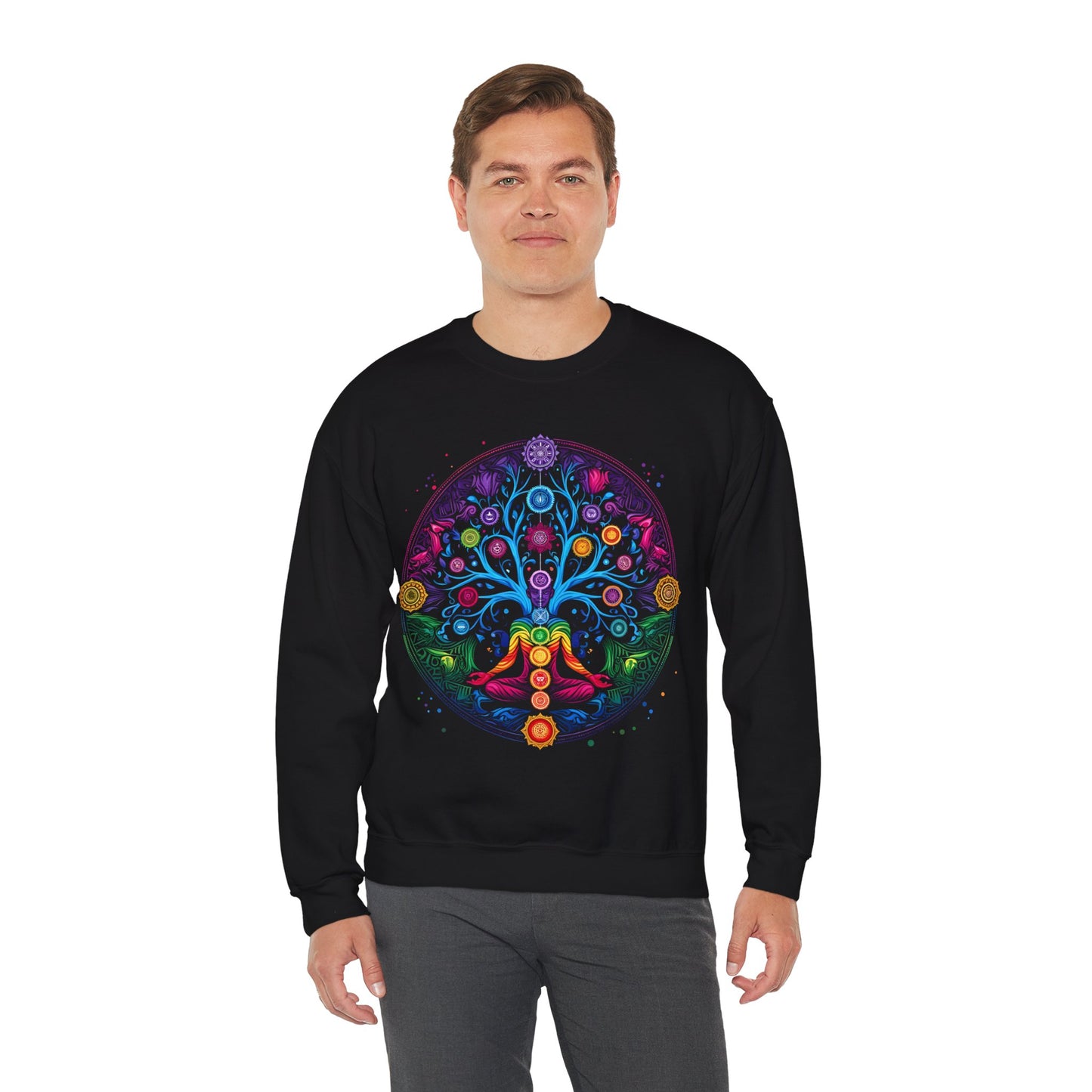 Vibrant Tree of Life Chakra Crewneck Sweatshirt - Colorful Spiritual Design