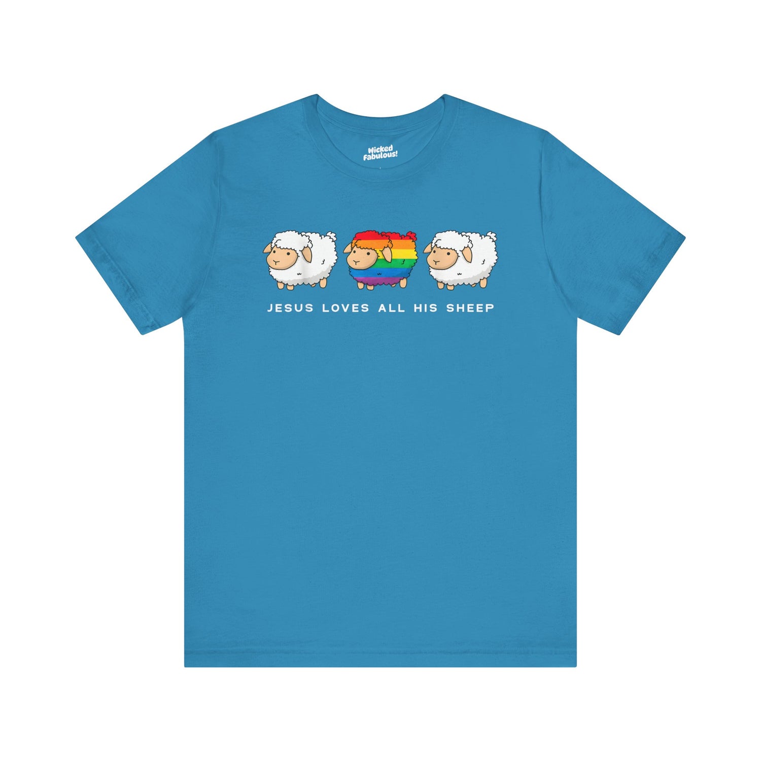 Celebrate love, faith, and pride with our “Jesus Loves All His Sheep” T-Shirt!