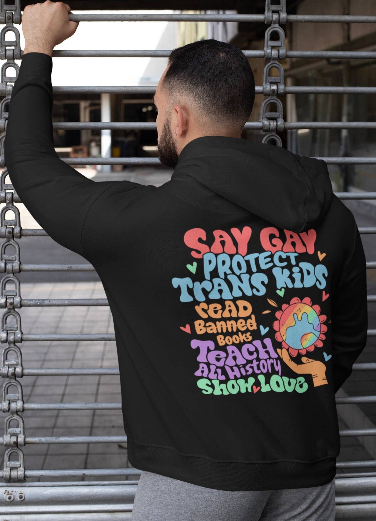 Rainbow Message Fleece Hoodie - Say Gay, Protect Trans Kids