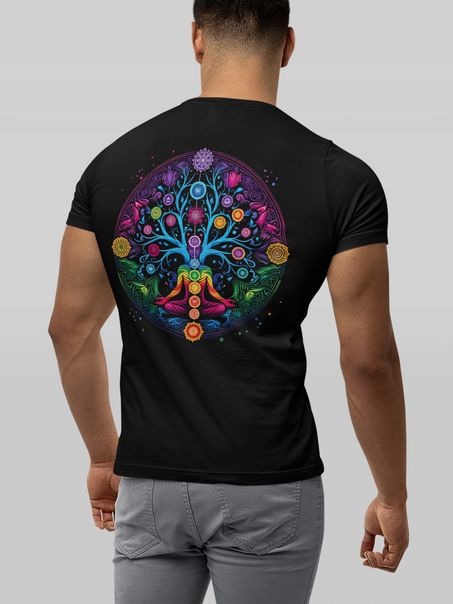 Vibrant Psychedelic Chakra Short Sleeve Tee (Printed on Back)
