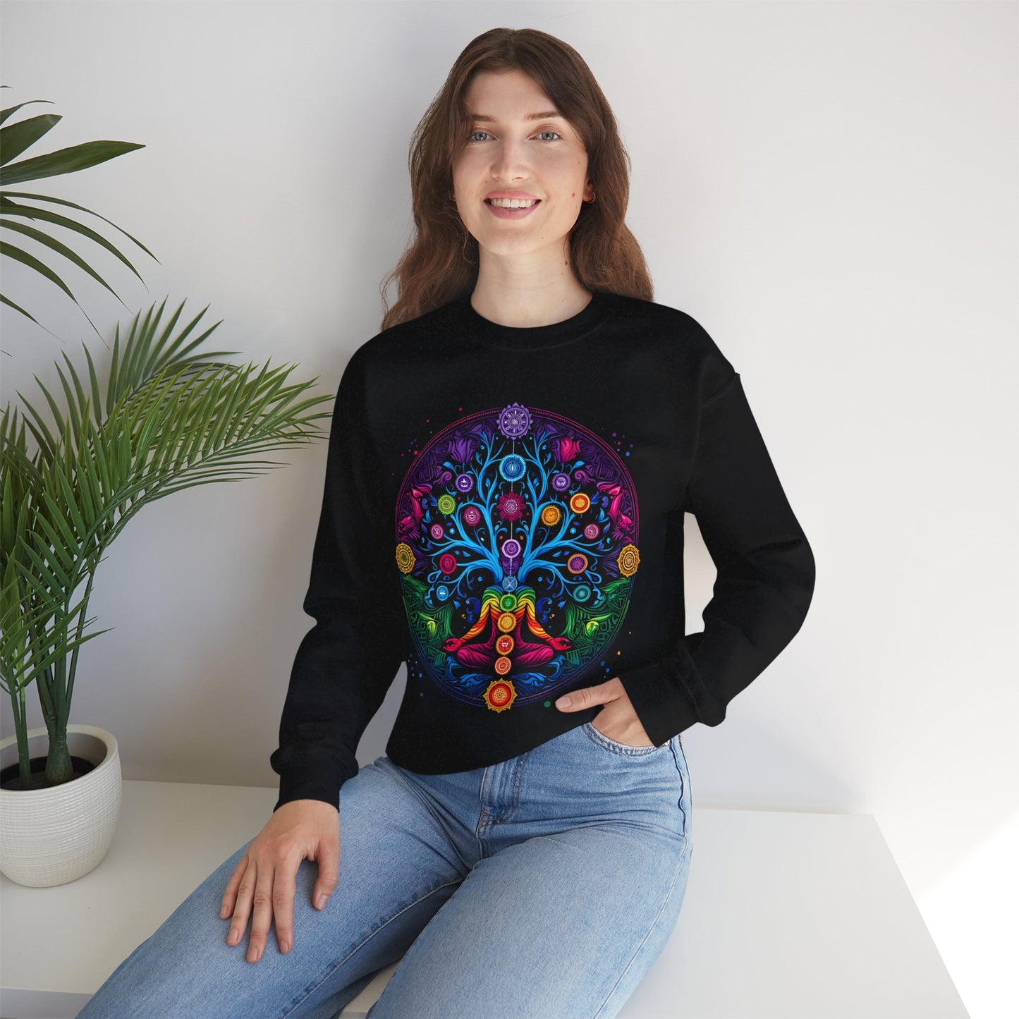 Vibrant Tree of Life Chakra Crewneck Sweatshirt - Colorful Spiritual Design