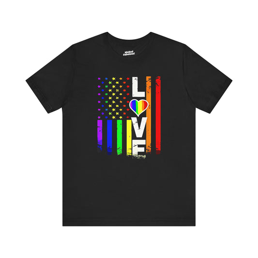 Love Pride Unisex Jersey Short Sleeve Tee - Vibrant Rainbow American Flag Design