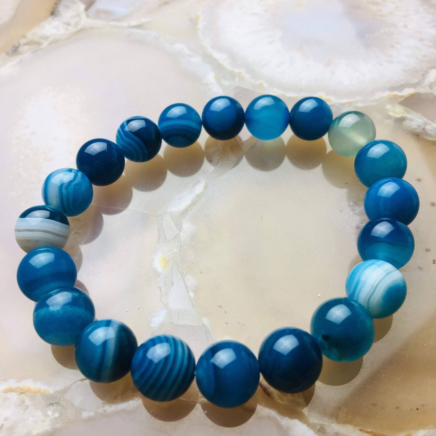 Blue Striped Agate 10mm Reiki-Infused Healing & Calm Bracelet (7.5” Medium Wrists)