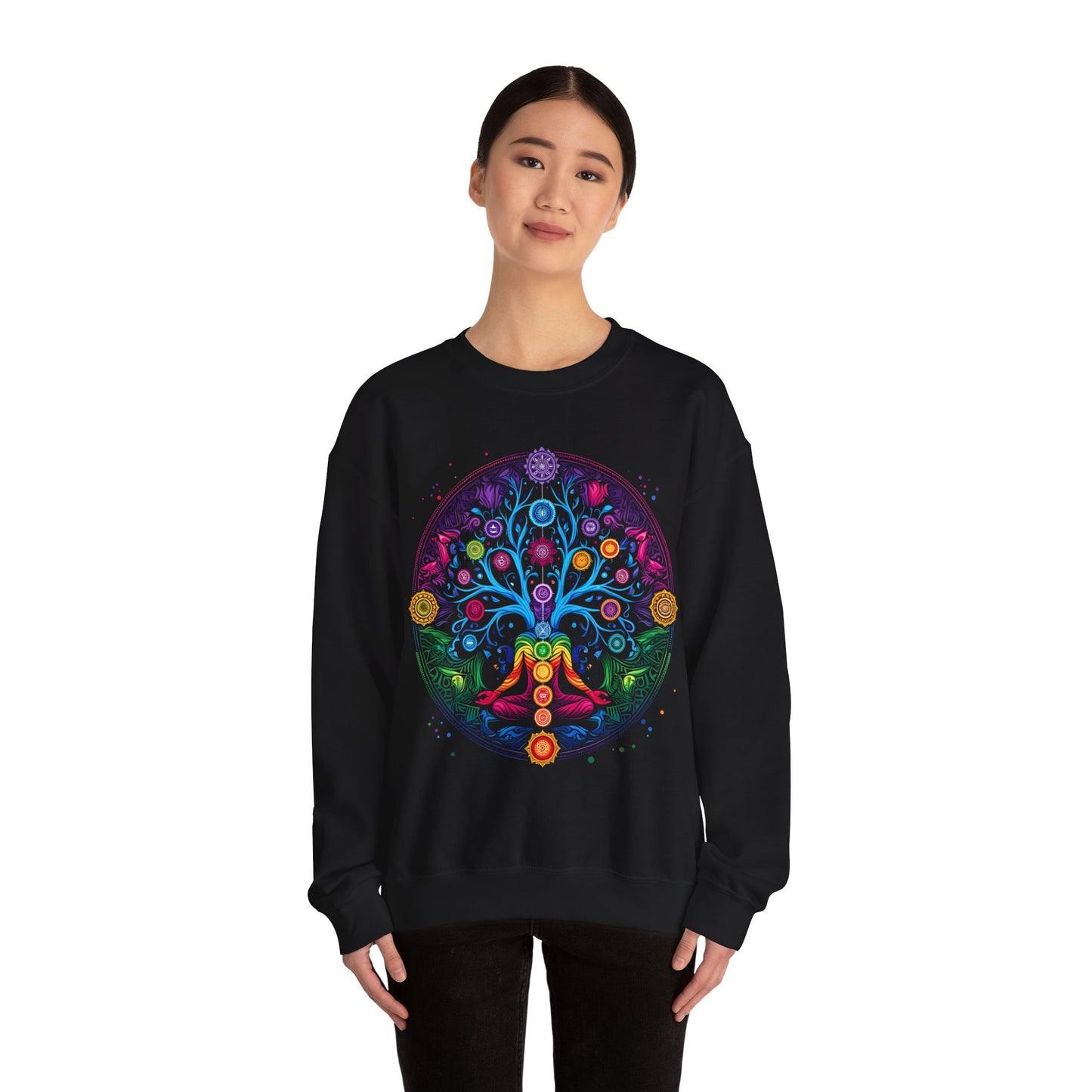 Vibrant Tree of Life Chakra Crewneck Sweatshirt - Colorful Spiritual Design