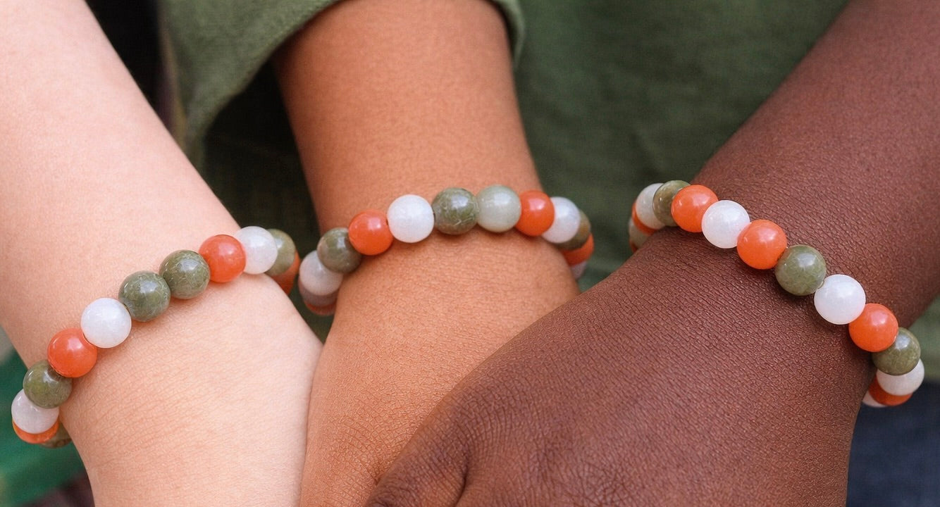 Youth Harmony Beaded Bracelet – Green, White & Orange Stones (Kids & Teens, Small Wrists)