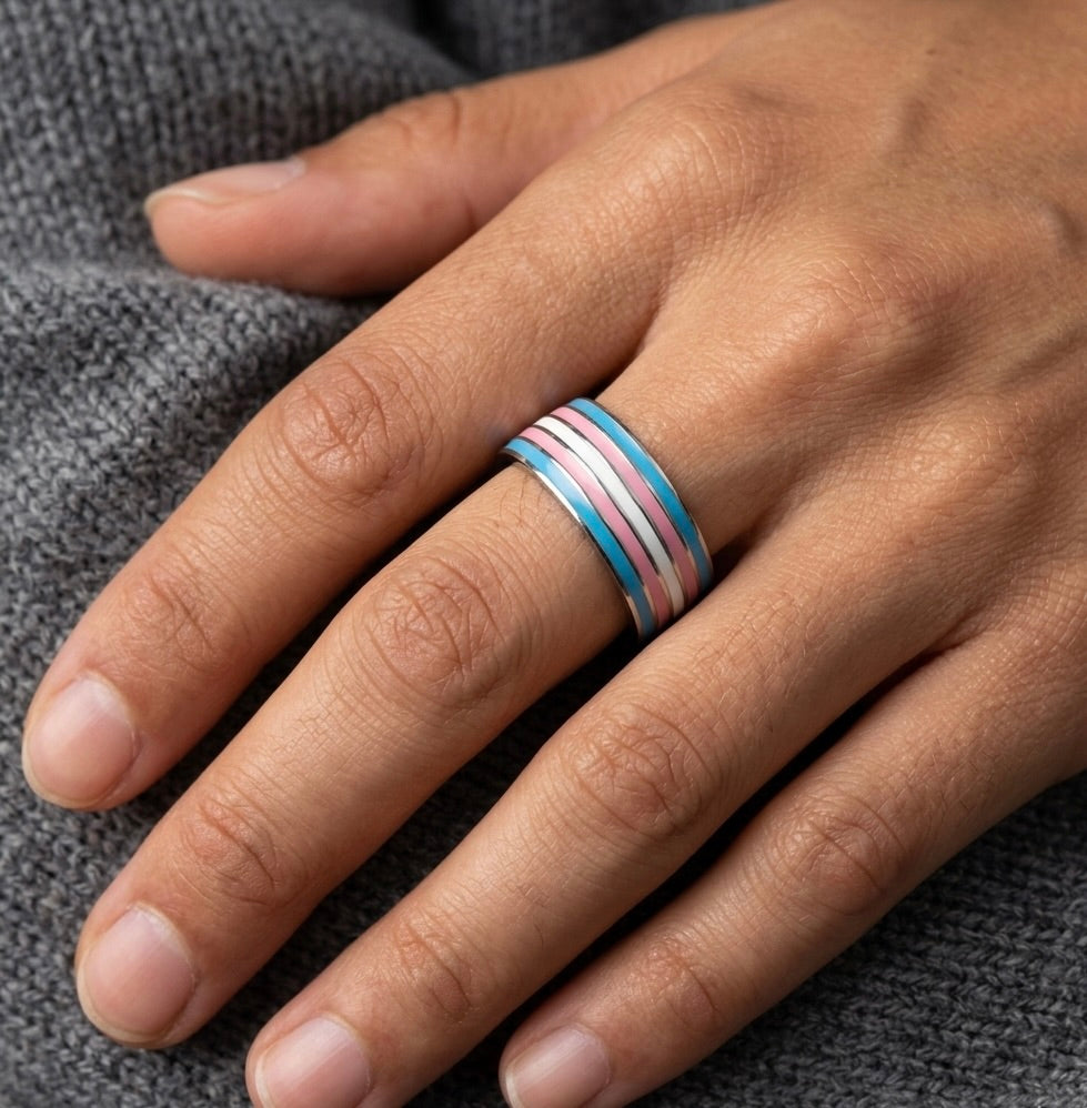 Transgender Pride Stainless Steel Ring – For Every Identity | Pink Blue White Stripe Band | LGBTQ+ Pride Jewelry