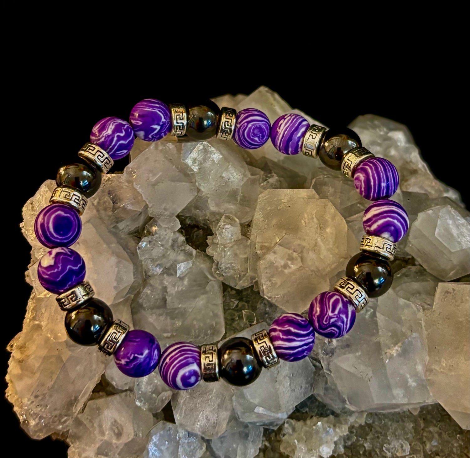 Purple Malachite & Hematite Bracelet – 10mm Handmade Energy Bracelet | Large 8” Wrist | Reiki-Infused