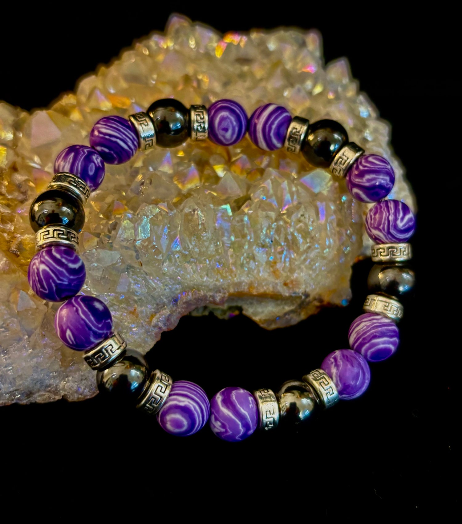 Purple Malachite & Hematite Bracelet – 10mm Handmade Energy Bracelet | Large 8” Wrist | Reiki-Infused