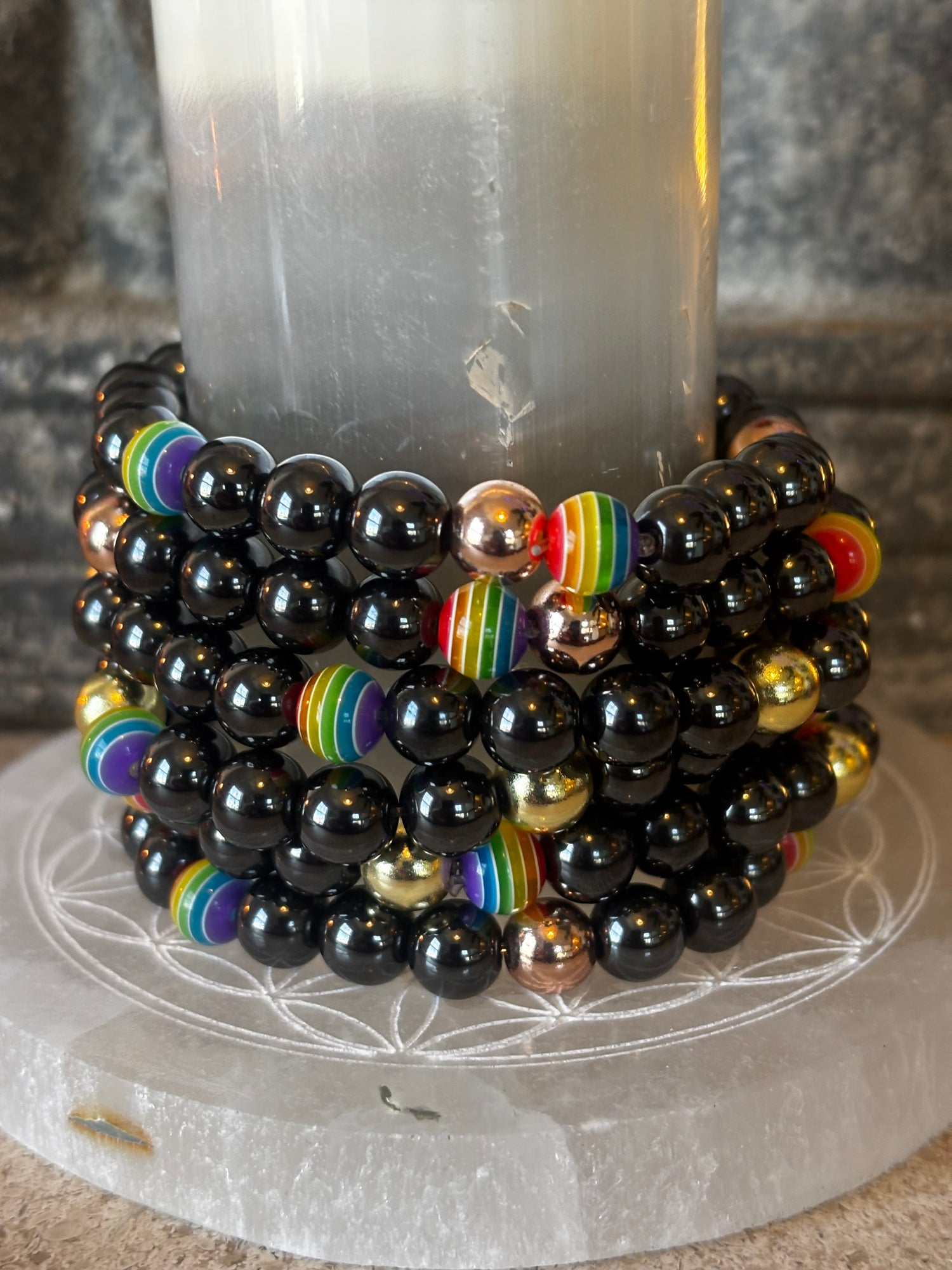 LGBTQ+ Pride Black Stone Beaded Bracelet – For Every Identity | 8mm Rainbow Stripe Beads | Gold or Rose Gold Accent Bracelet