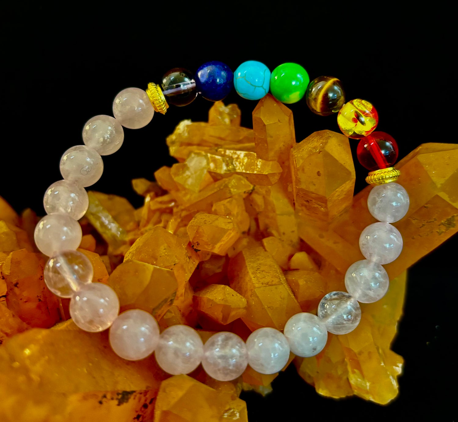 🌸 Chakra & Rose Quartz Healing Bracelet – Emotional Balance + Heart Energy Support