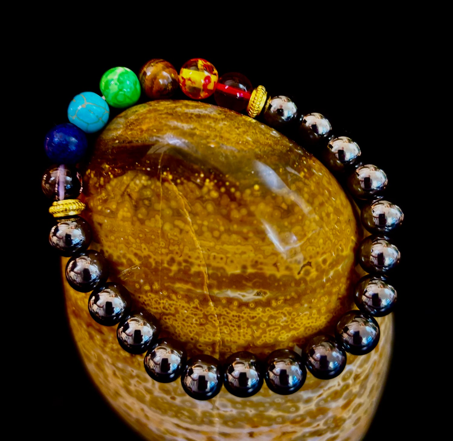 Chakra Healing Reiki-Infused Beaded Bracelet with Hematite for Full-Spectrum Balance, Grounding & Protection (Medium or Large Wrists)