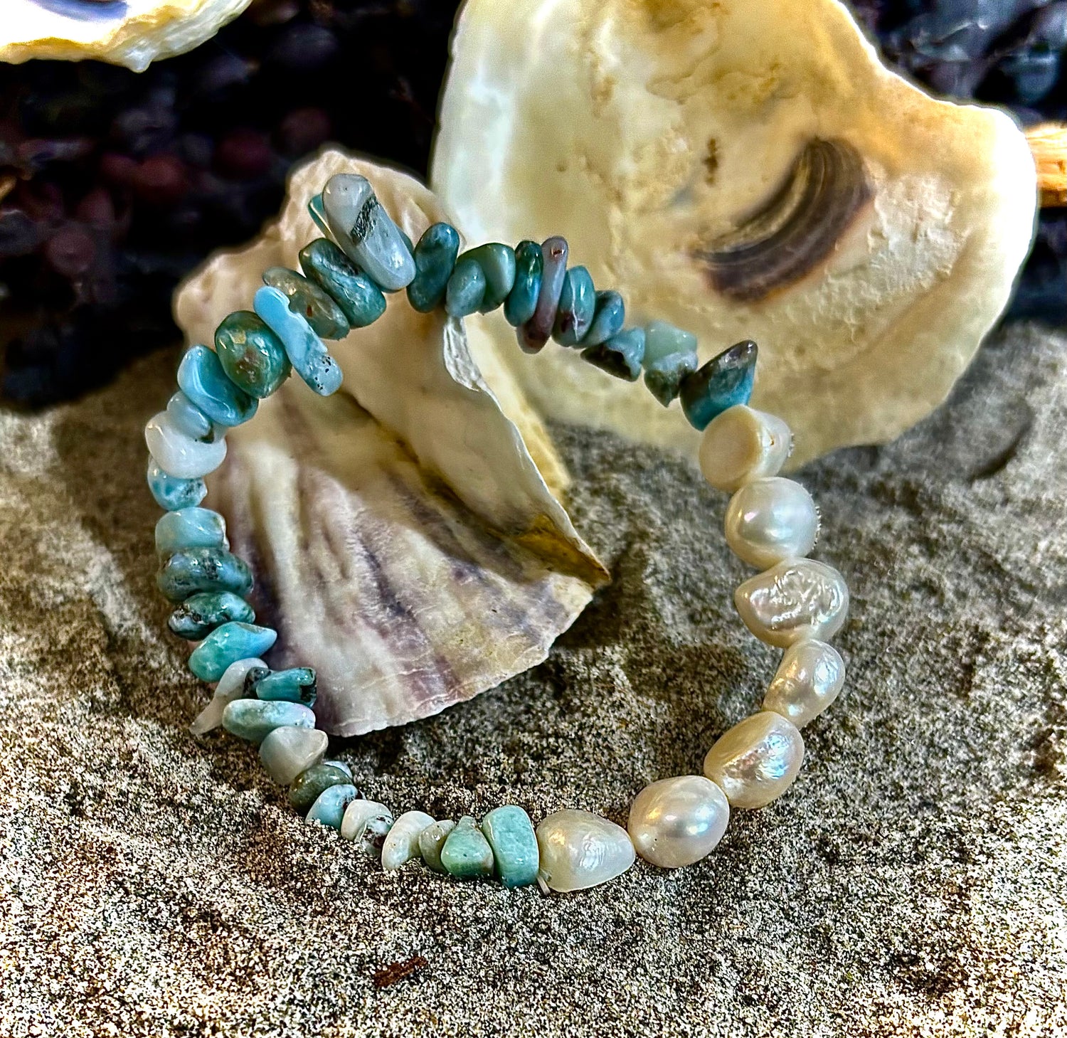 🌊 Mermaid's Treasure Bracelet - Larimar & Cultured Freshwater Pearl Stretch Bracelet