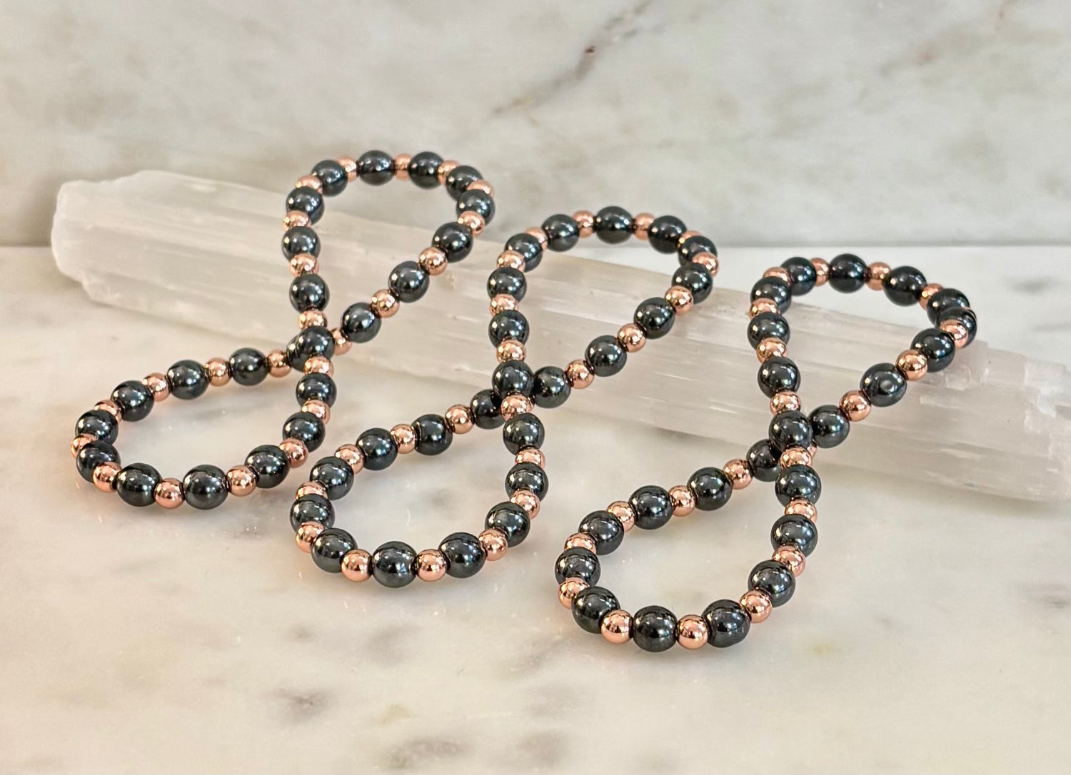 Reiki-Infused Hematite & Copper Conductor Bracelet for Grounding, Vitality & Protection (4mm/3mm, Fits up to 8" Large Wrists)