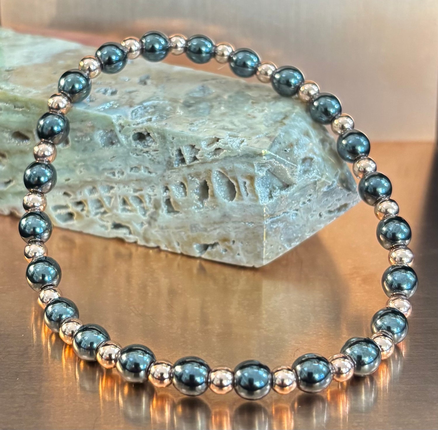Reiki-Infused Hematite & Copper Conductor Bracelet for Grounding, Vitality & Protection (4mm/3mm, Fits up to 8" Large Wrists)