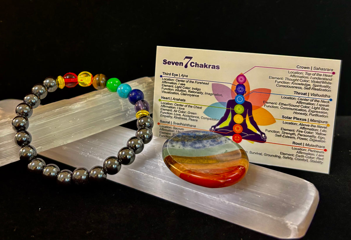 Chakra Healing Reiki-Infused Beaded Bracelet with Hematite for Full-Spectrum Balance, Grounding & Protection (Medium or Large Wrists)