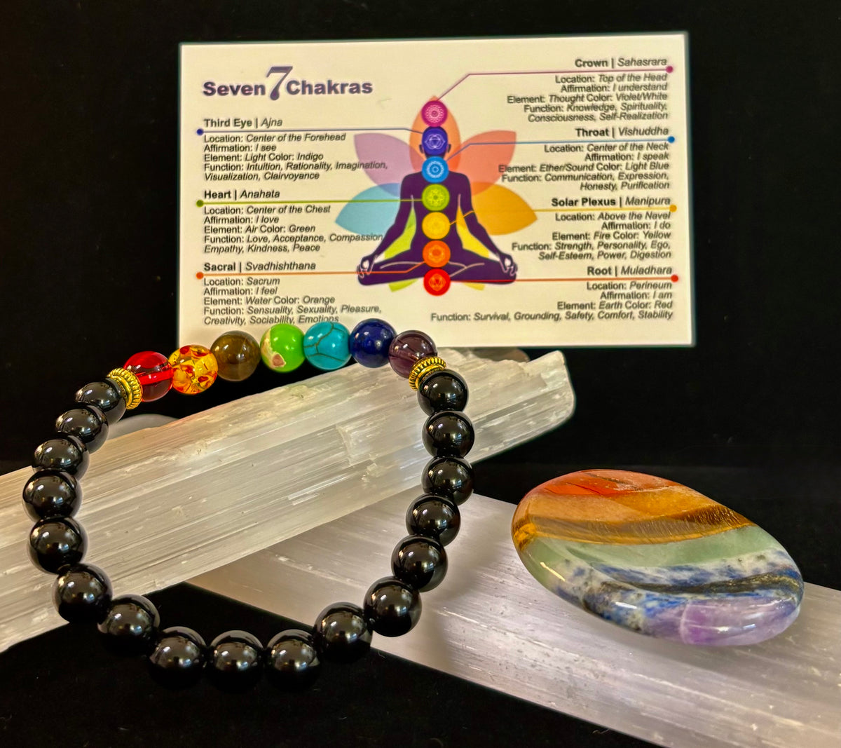7 Chakra & Black Onyx Reiki-Infused Balance & Protection Bracelet (Medium Wrist)
