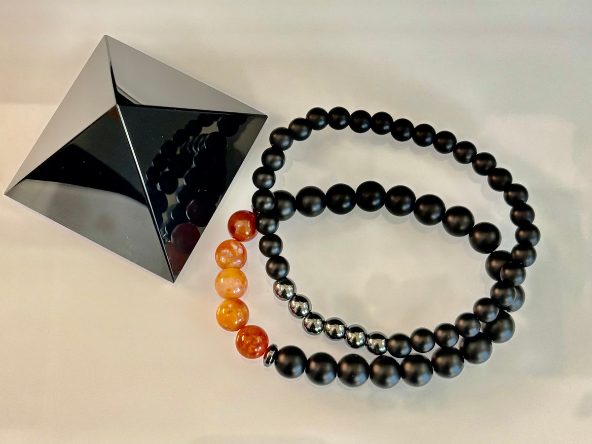 "Remembered in Power" AIDS Memorial Set | Fire Agate, Hematite & Black Obsidian