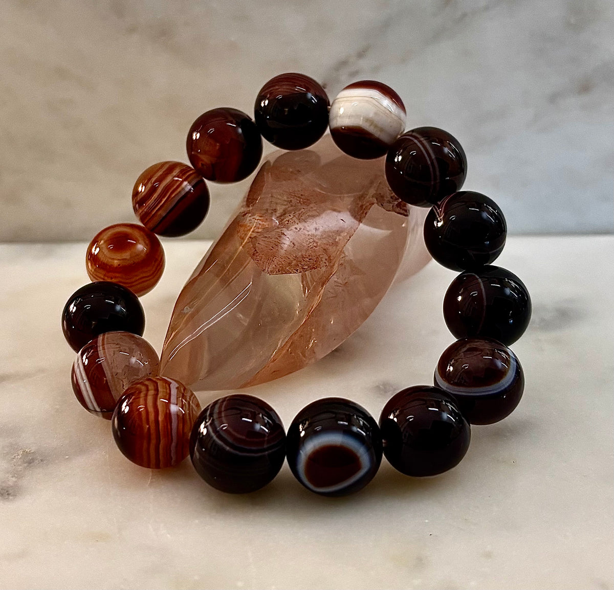 Earth Sentinel: Stunning Striped Agate 13-14mm Crystal Statement Stretch Bracelet