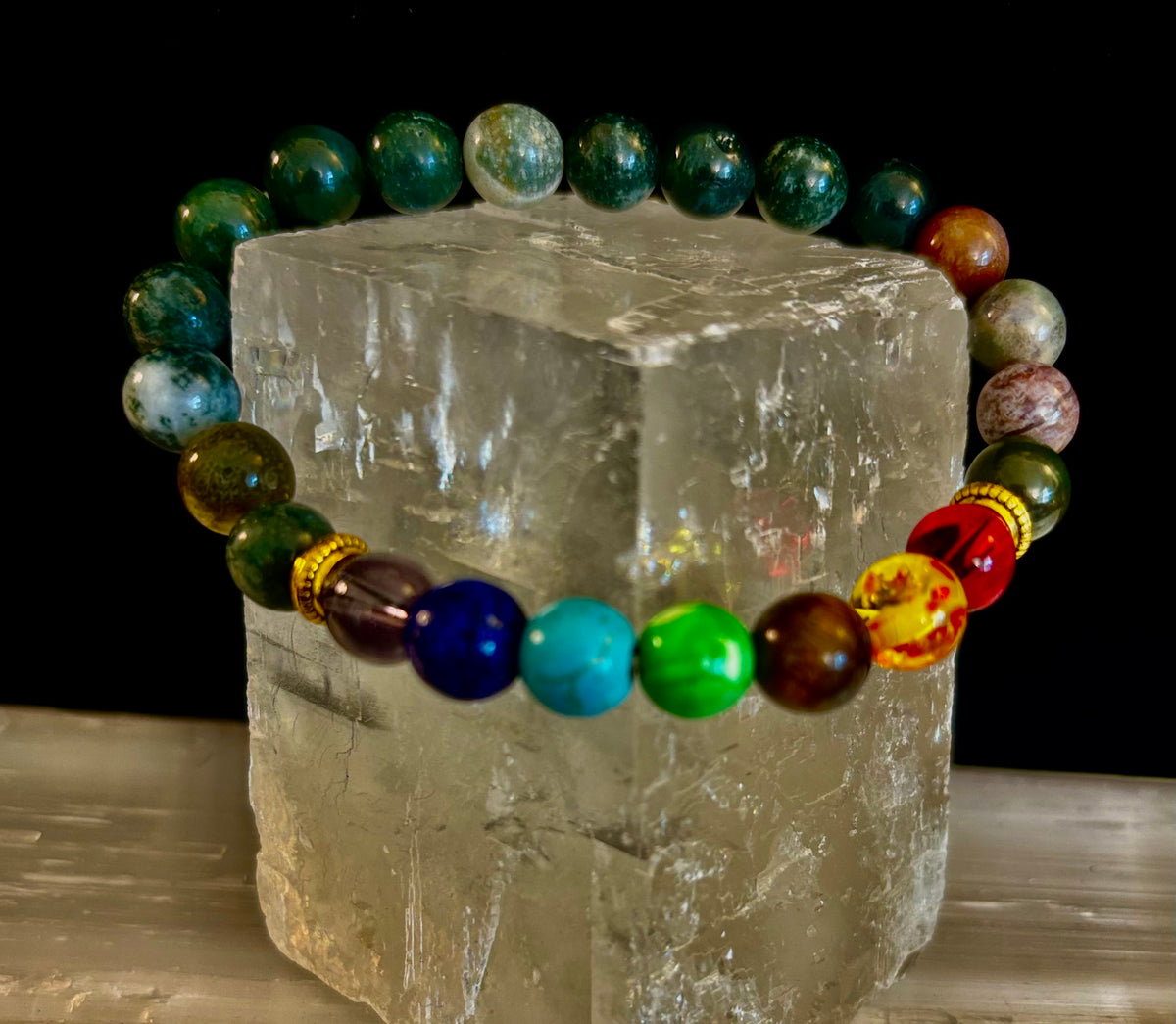 Chakra & Moss Agate Reiki-Infused Healing Bracelet – Grounding Energy & Spiritual Balance