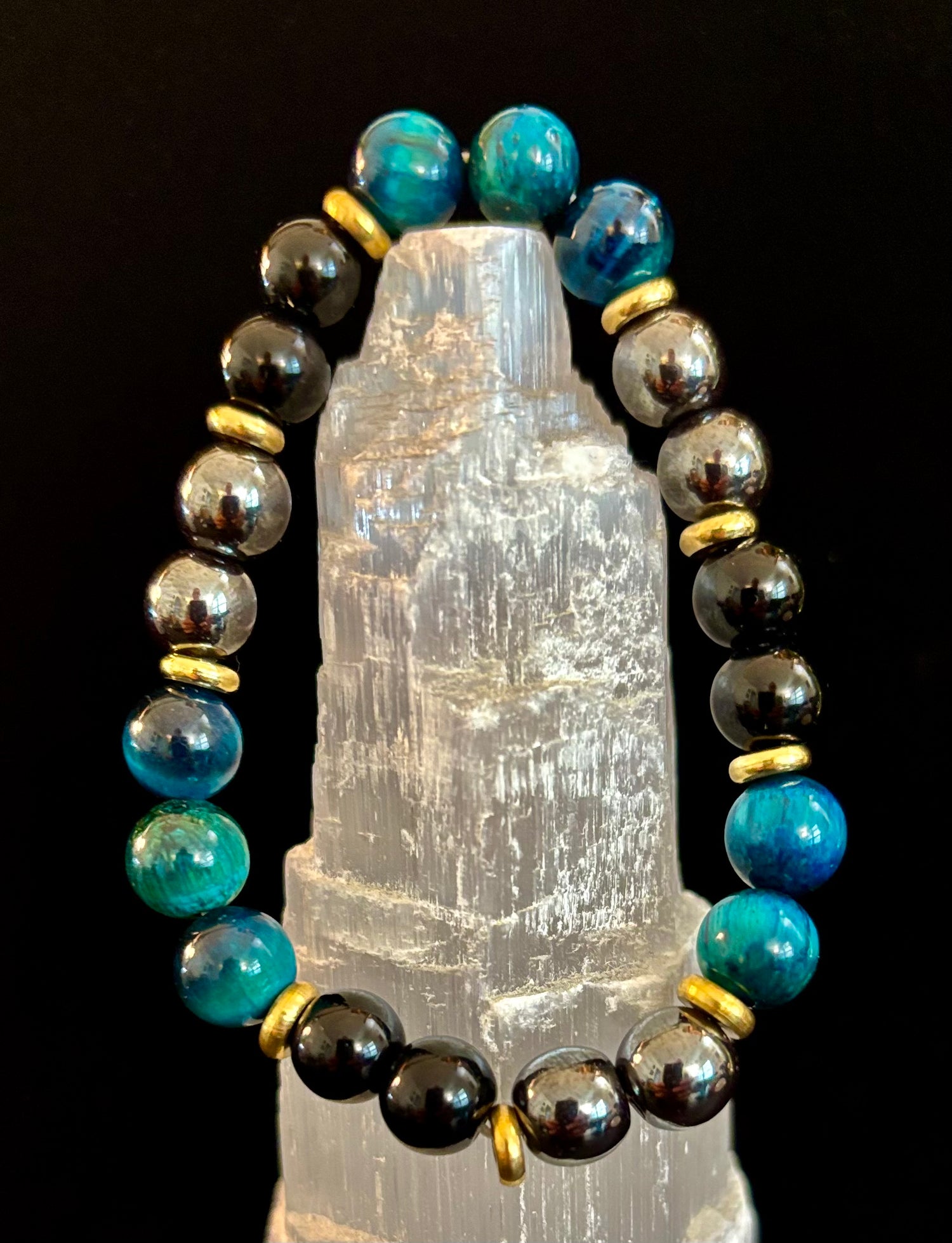 Reiki-Infused Blue Tiger Eye, Silver Hematite & Black Onyx Bracelet for Mental Clarity, Protection & Resilience (8mm)
