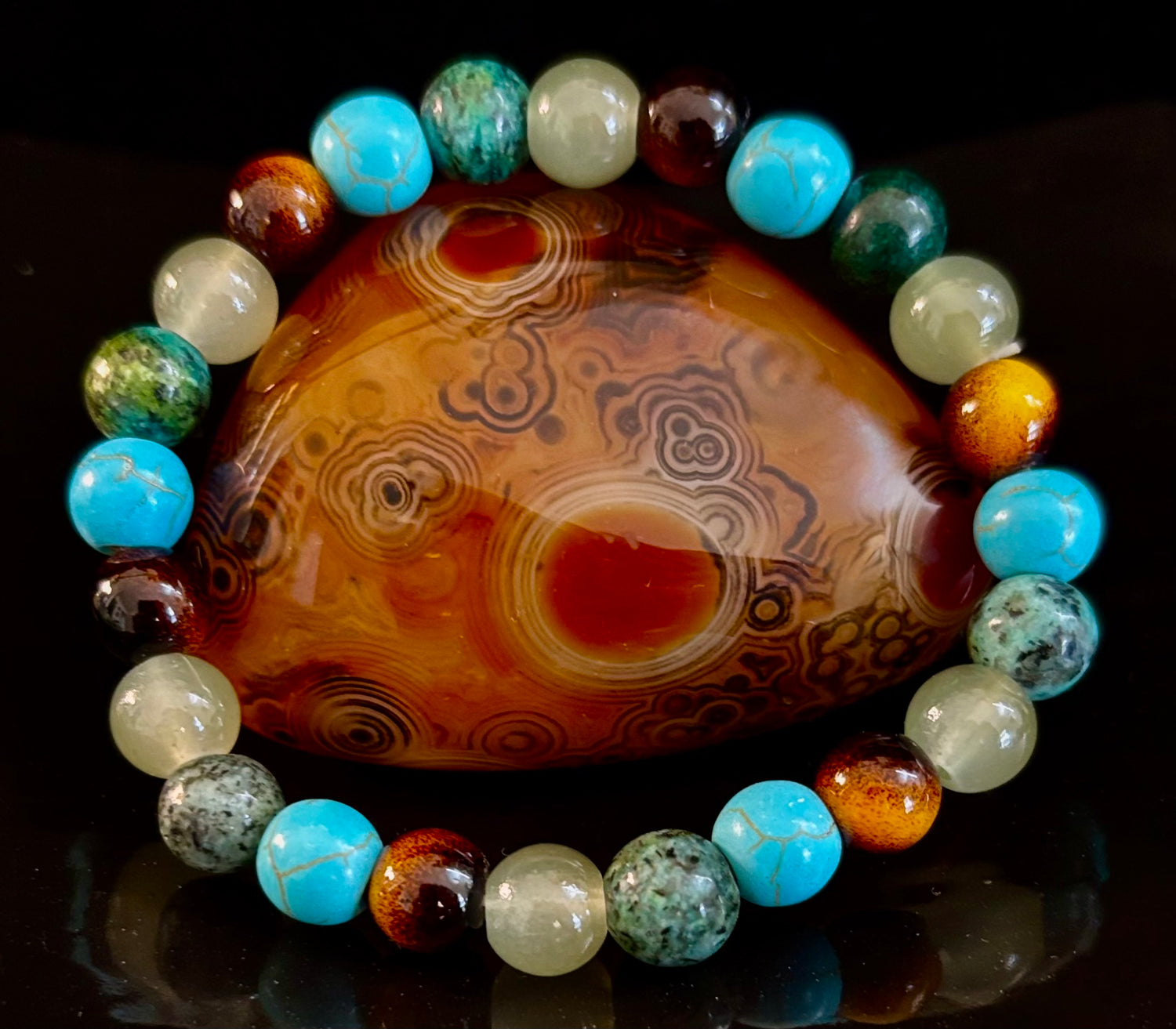 Reiki-Infused African Turquoise, Tiger Eye &amp; Green Aventurine Bracelet for Transformation, Abundance &amp; Calm (8mm)
