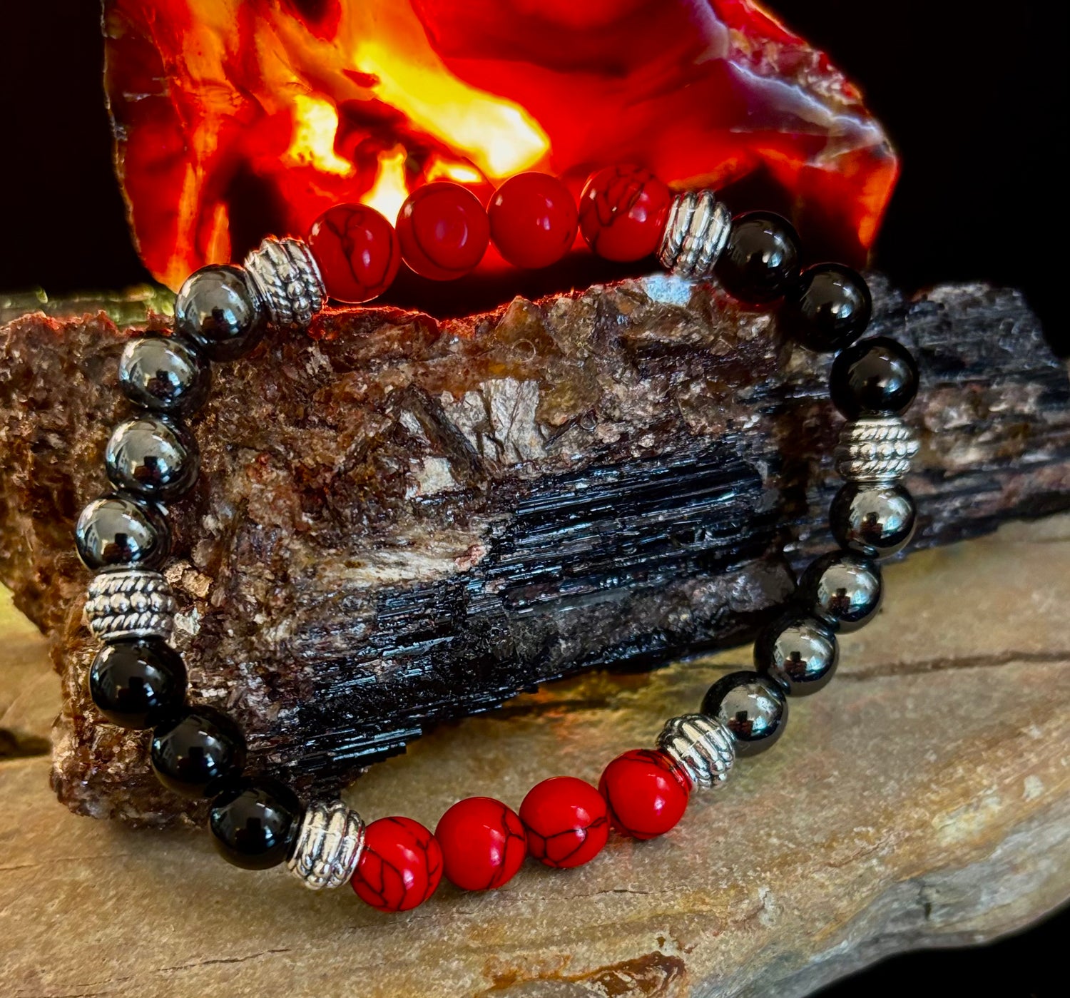 🖤❤️ Natural Stone Beaded Bracelet – 8mm Retro Unisex Design for Large Wrists
