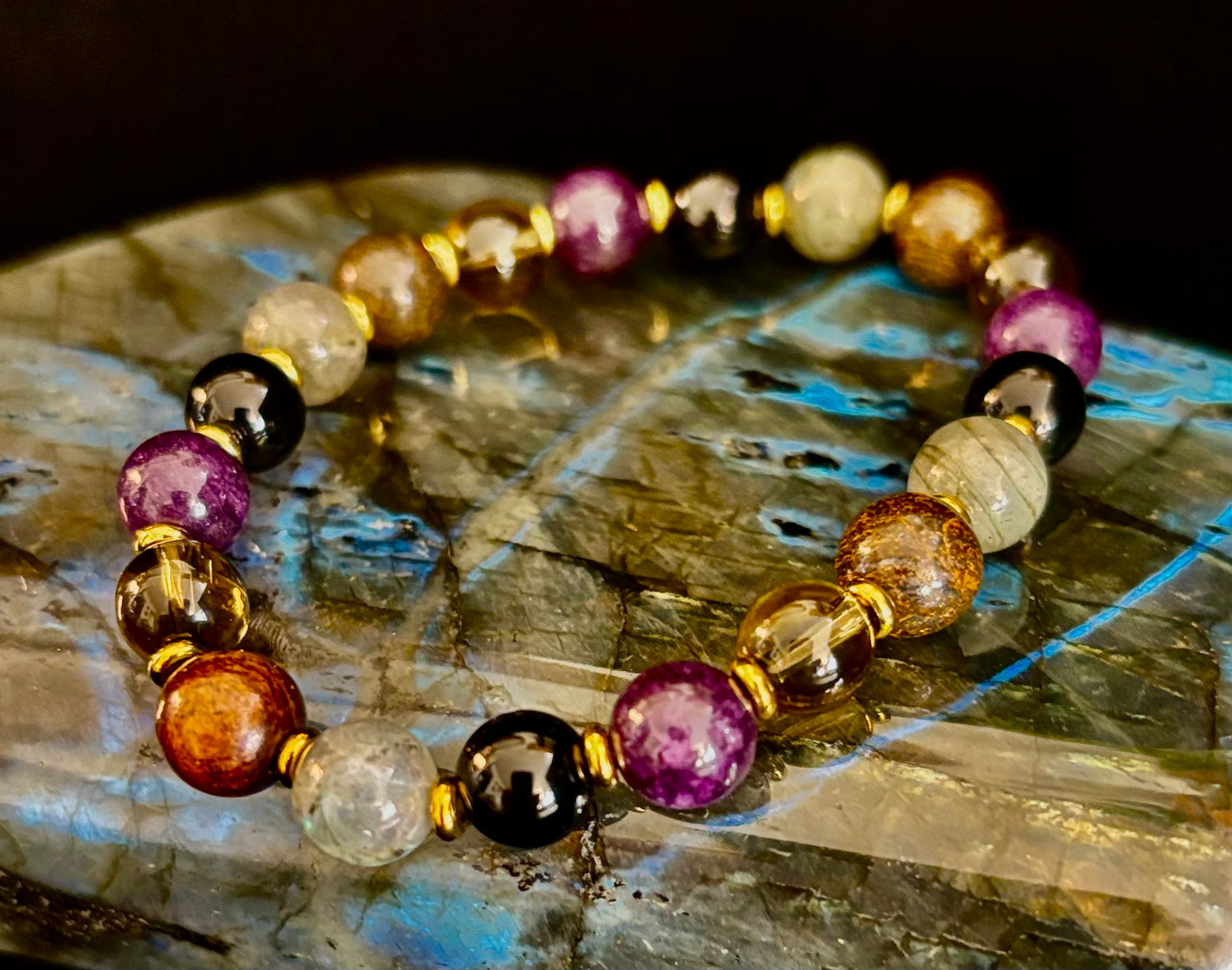 Reiki-Infused Mystic Energy Bracelet with Labradorite, Amethyst, Smoky Quartz, Black Onyx & Tiger’s Eye (8mm)