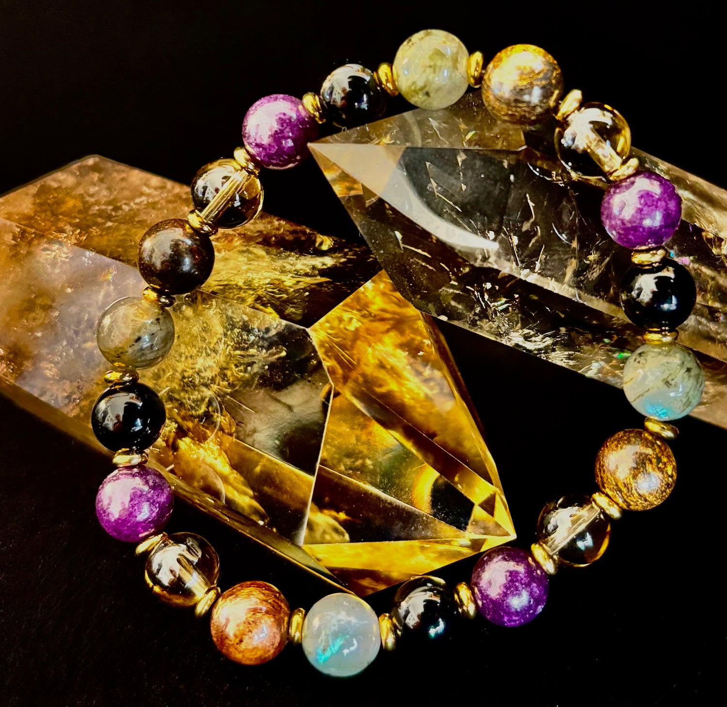 Reiki-Infused Mystic Energy Bracelet with Labradorite, Amethyst, Smoky Quartz, Black Onyx & Tiger’s Eye (8mm)