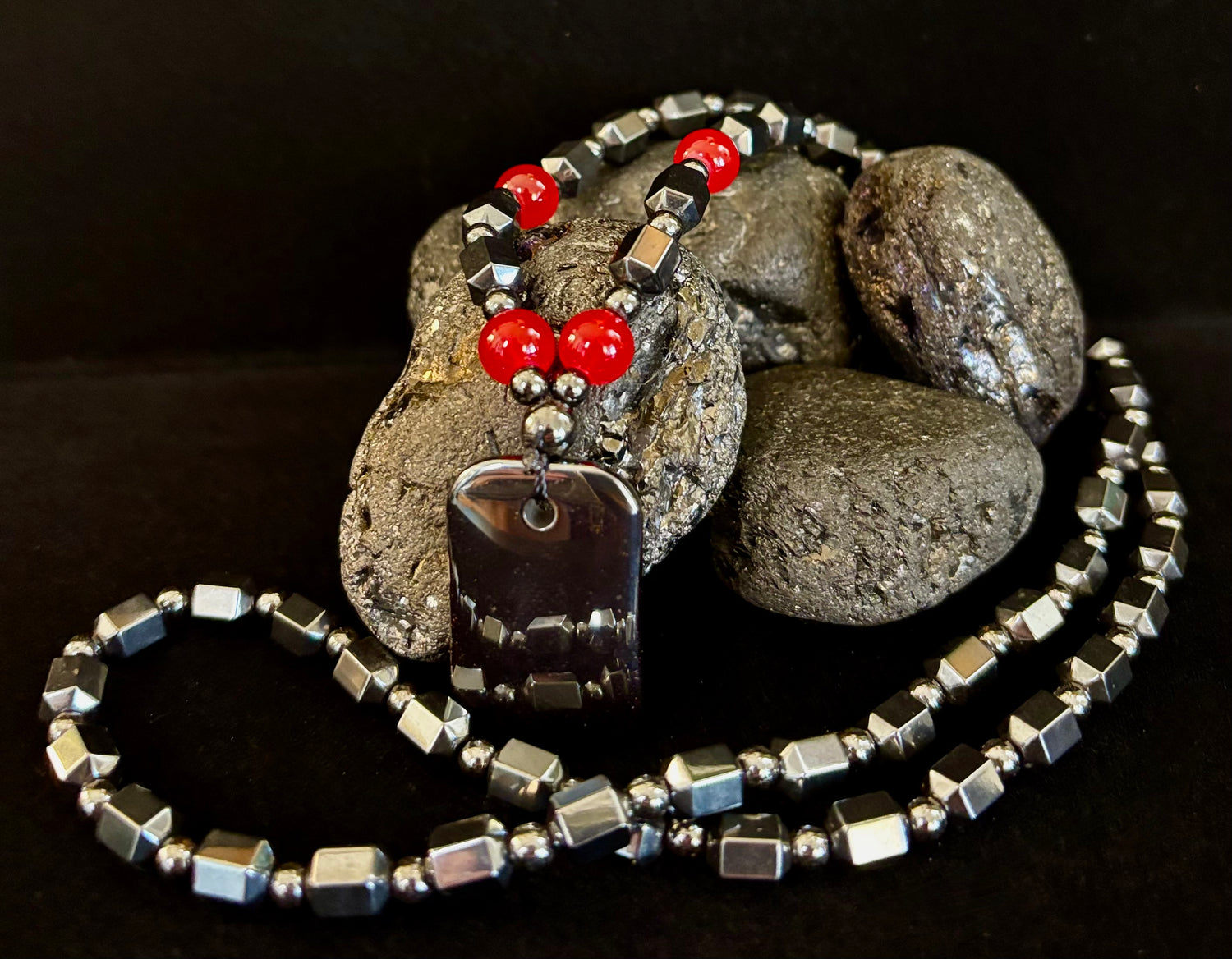 Hero Shield Magnetic Hematite Necklace – Red Power Beads + Dog Tag Pendant (Men’s Protection Jewelry)