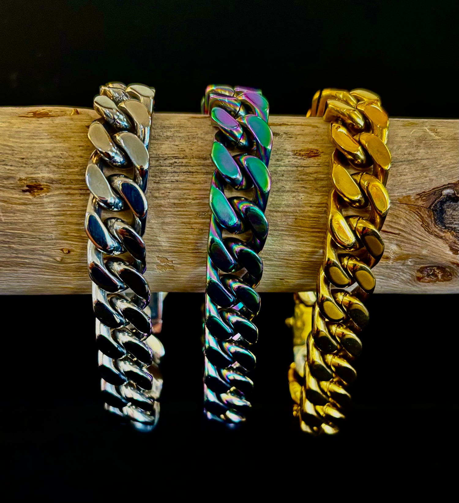 Men’s Titanium Steel Chain Bracelet – 22cm Cuban Link, Silver/Gold/Rainbow