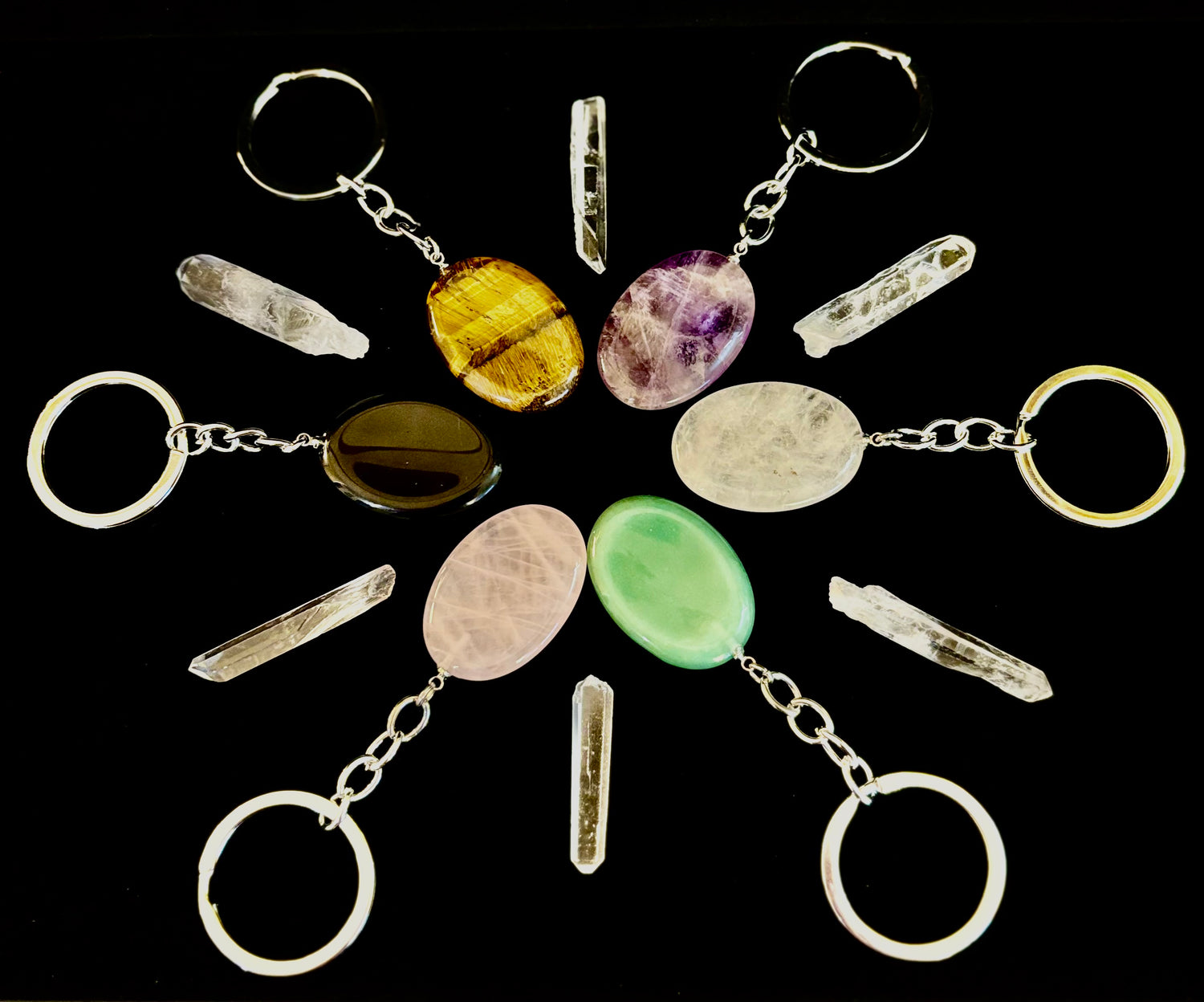 Natural Crystal Worry Stone Keychain – Amethyst, Clear Quartz, Obsidian, Tiger’s Eye, Green Aventurine & Rose Quartz (1.25”)