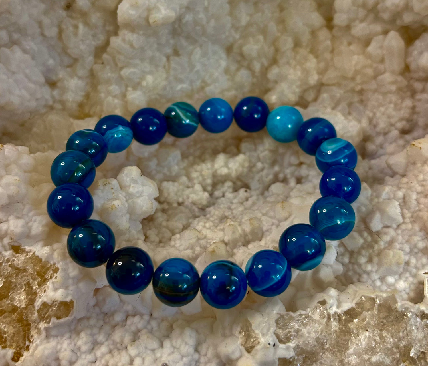 Blue Striped Agate 10mm Reiki-Infused Healing & Calm Bracelet (7.5” Medium Wrists)