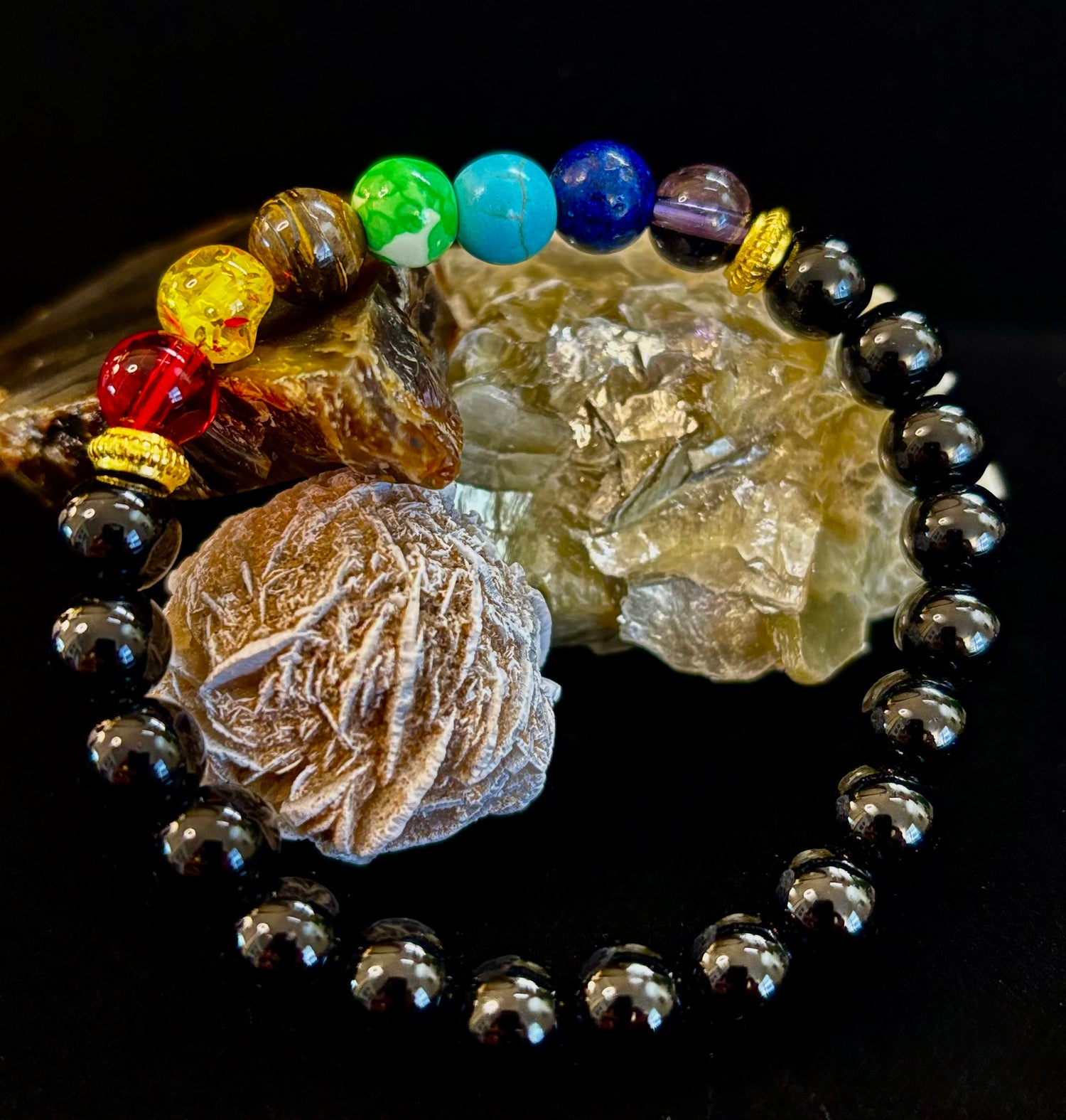 7 Chakra & Black Onyx Reiki-Infused Balance & Protection Bracelet (Medium Wrist)