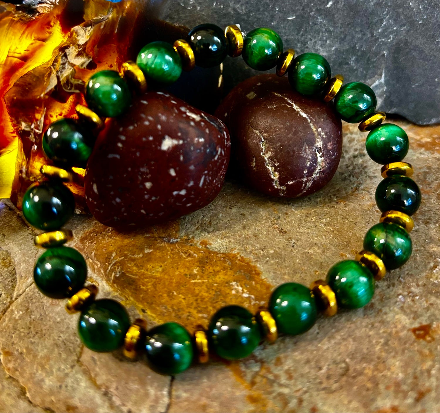 Green Tiger Eye Wealth & Confidence Bracelet – 8mm Beads with Gold Accents (Medium Wrists)
