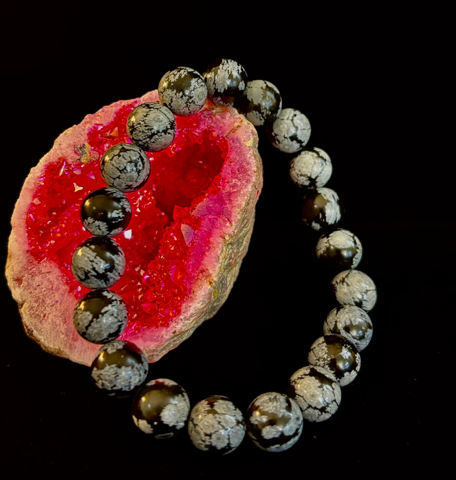 Reiki-Infused Snowflake Obsidian Bracelet – 10mm Protection, Grounding & Emotional Balance (Medium & Large Wrists)