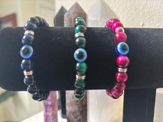 Evil Eye Tiger Eye Style Beaded Bracelet – Handmade Natural Stone Protection