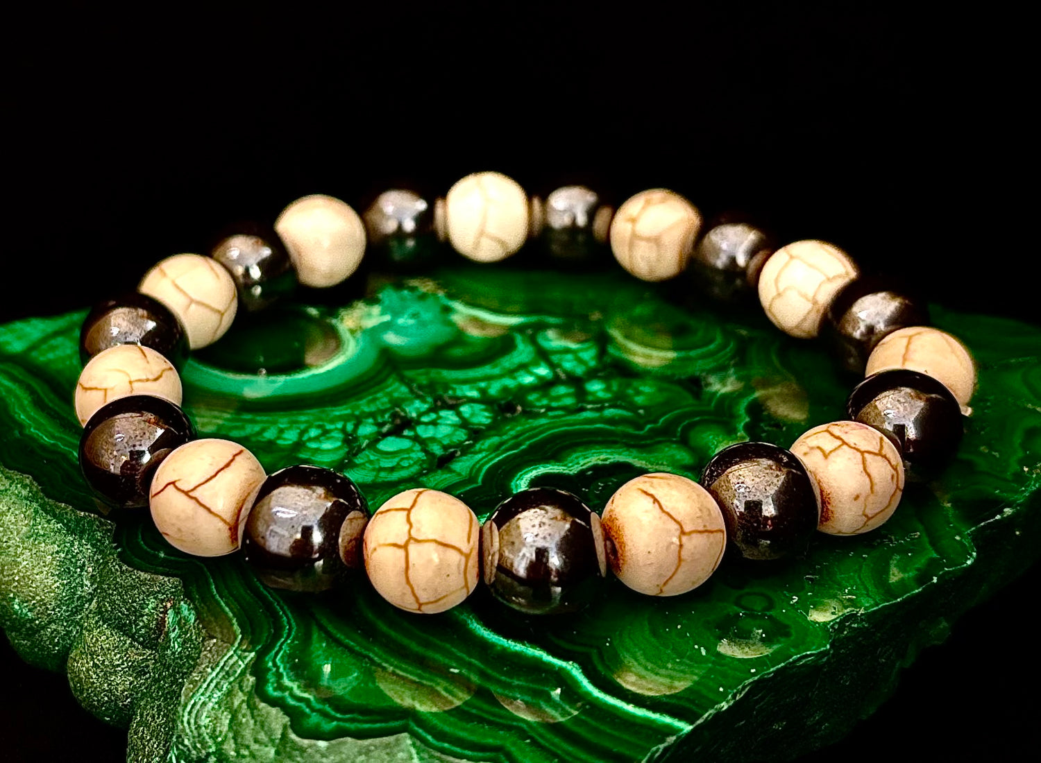 Black and White - Hematite and Veined White Stones - 8"-8.5" - Large and XL Wrists