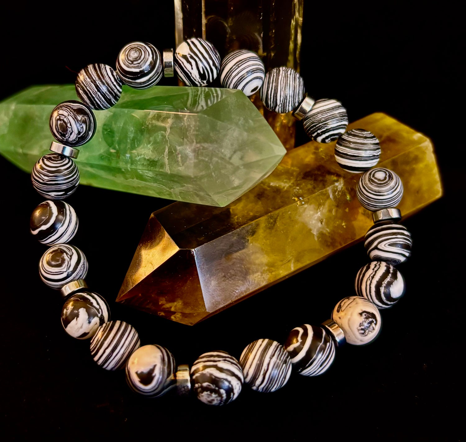 Black & White Striped Agate Stretch Bracelet — Natural Banded Agate Bracelet for Large to XL Wrists
