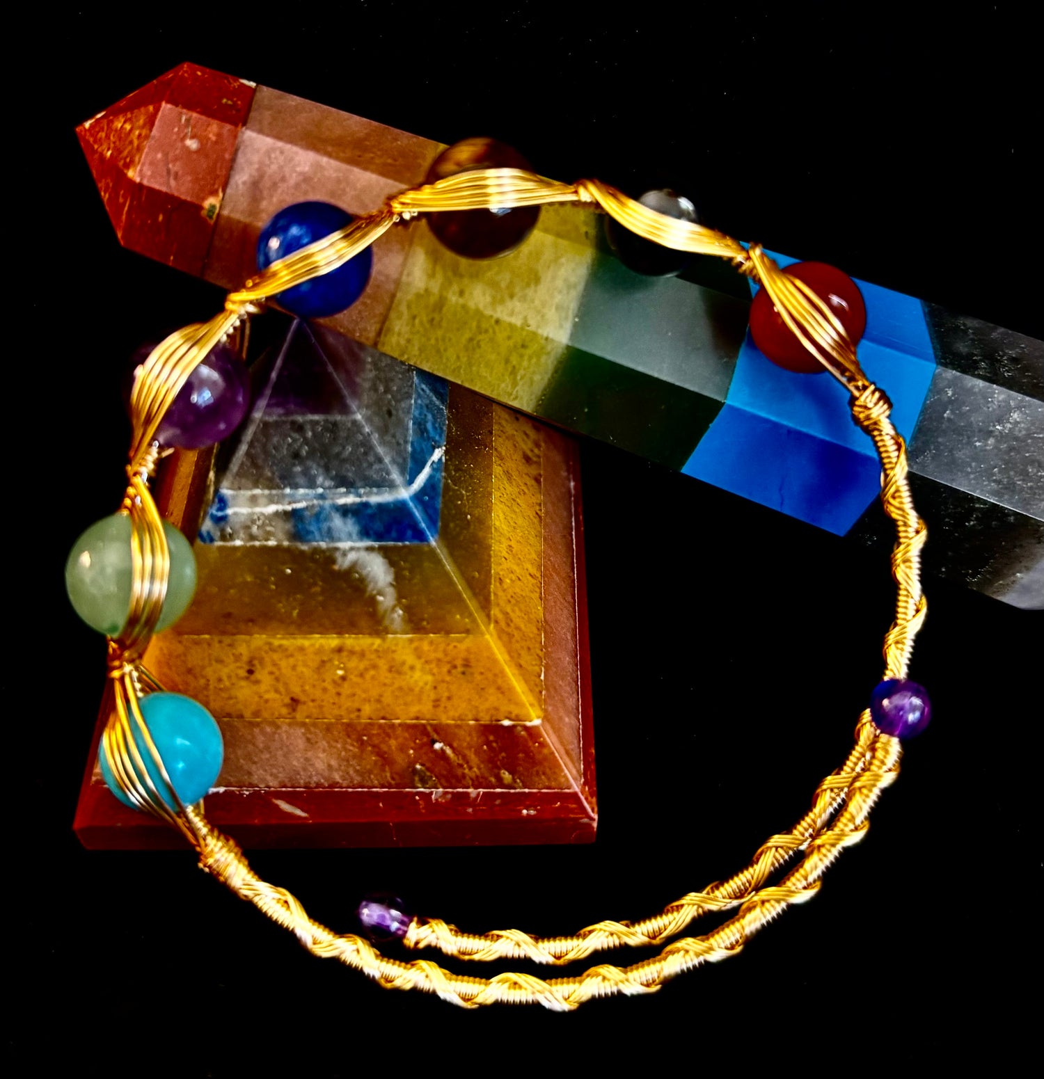 Golden Energy Flow Chakra Bracelet — Mixed Gemstone Wire Wrap