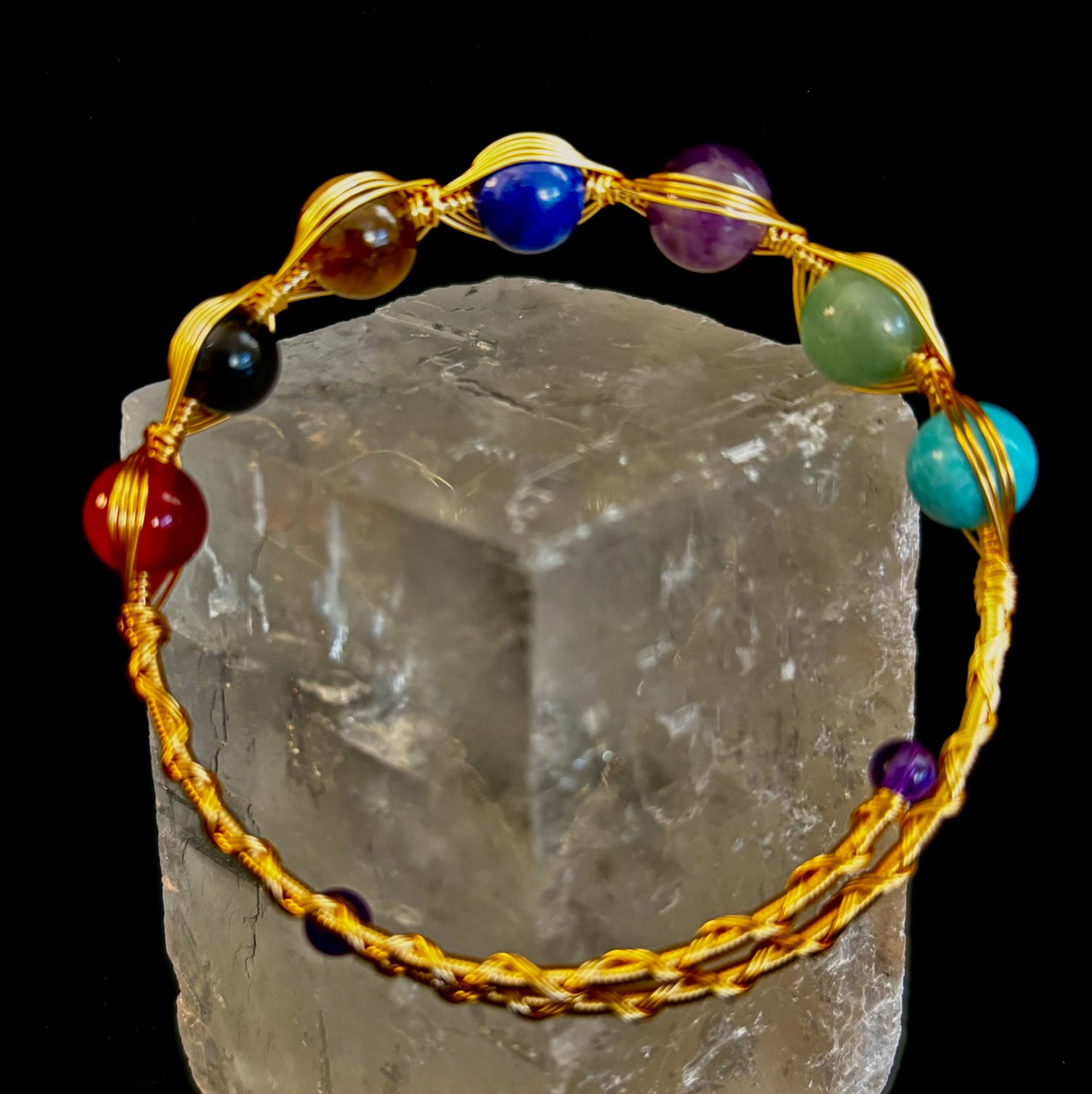 Golden Energy Flow Chakra Bracelet — Mixed Gemstone Wire Wrap